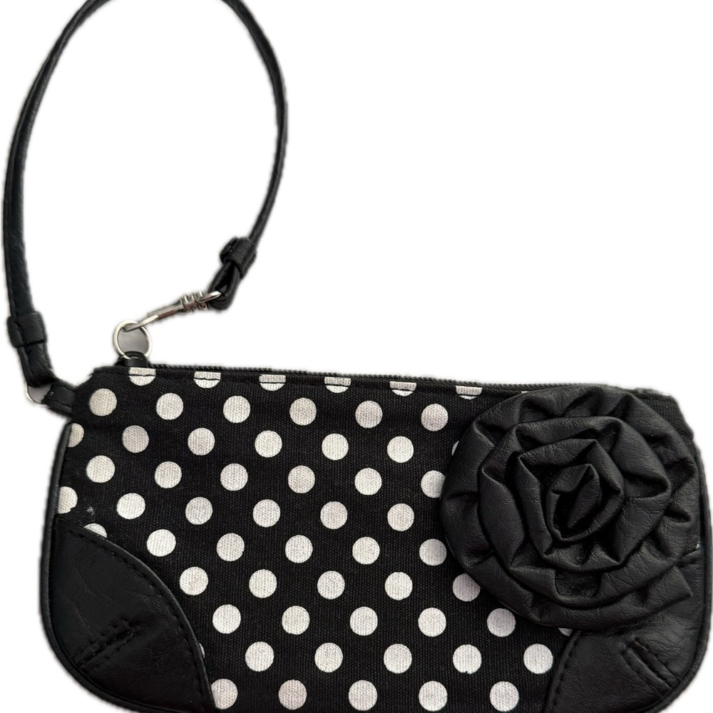 Black and white Polka Dot Wristlet with Black Floral Accent